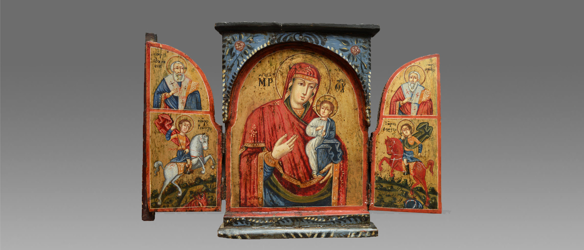 ikone triptychon griechenland mit der gottesmutter mit dem heiligen georg und heiligen michael ikone triptychon griechenland mit der gottesmutter mit dem heiligen georg und heiligen michael