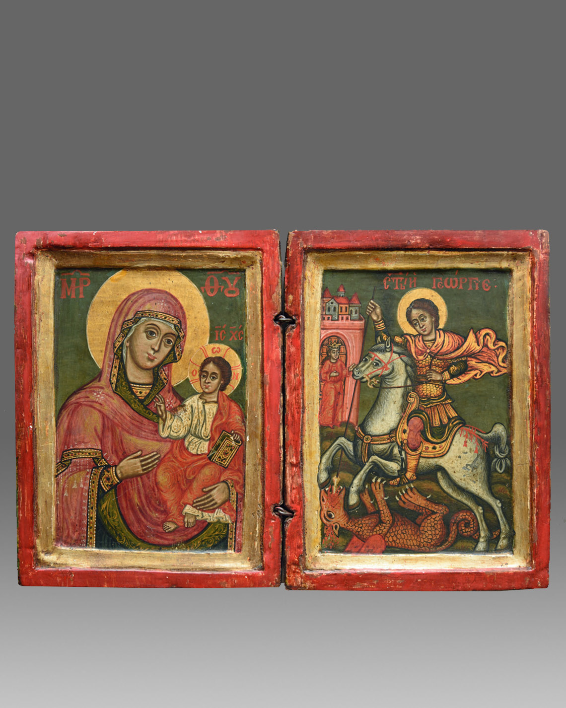 griechisches diptychon gottesmutter mit kind und heiliger georg auf dem pferd
